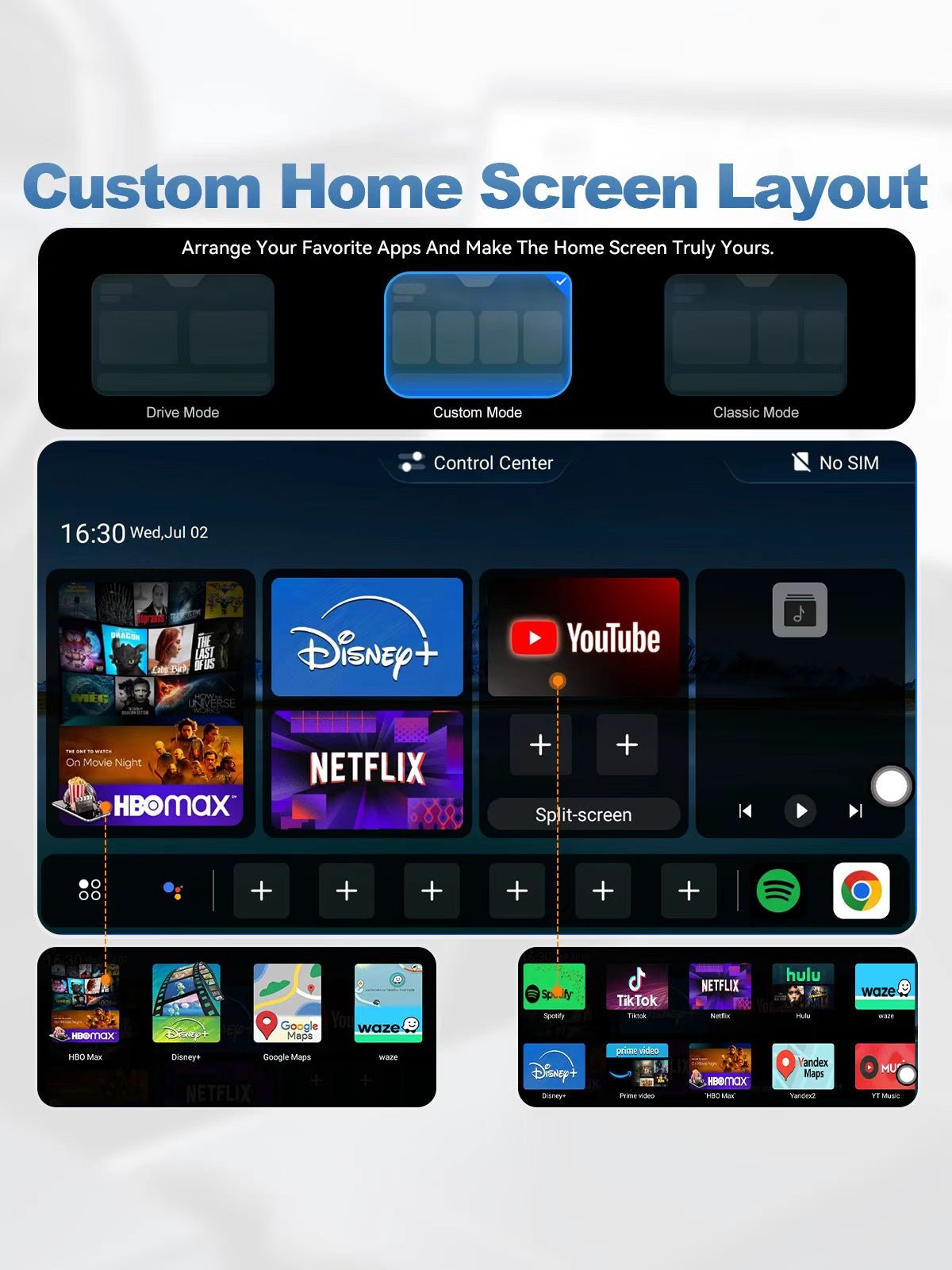 Linkifun L10 Tesla Android 13 AI Box with custom home screen layout, app shortcuts, Drive Mode, Custom Mode, and Classic Mode