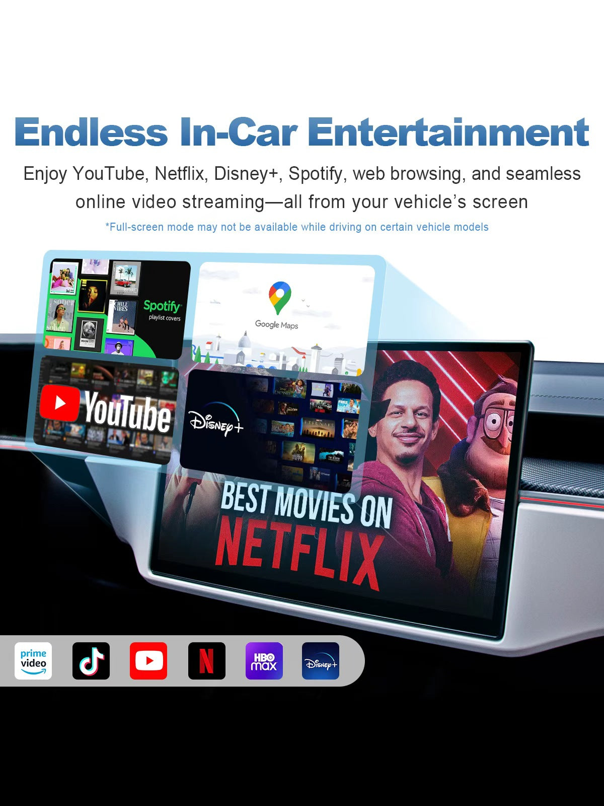 Linkifun L10 Tesla Android 13 AI Box with endless in-car entertainment, YouTube, Netflix, Disney Plus, Spotify, TikTok, Prime Video, HBO Max, Google Maps, and web browsing