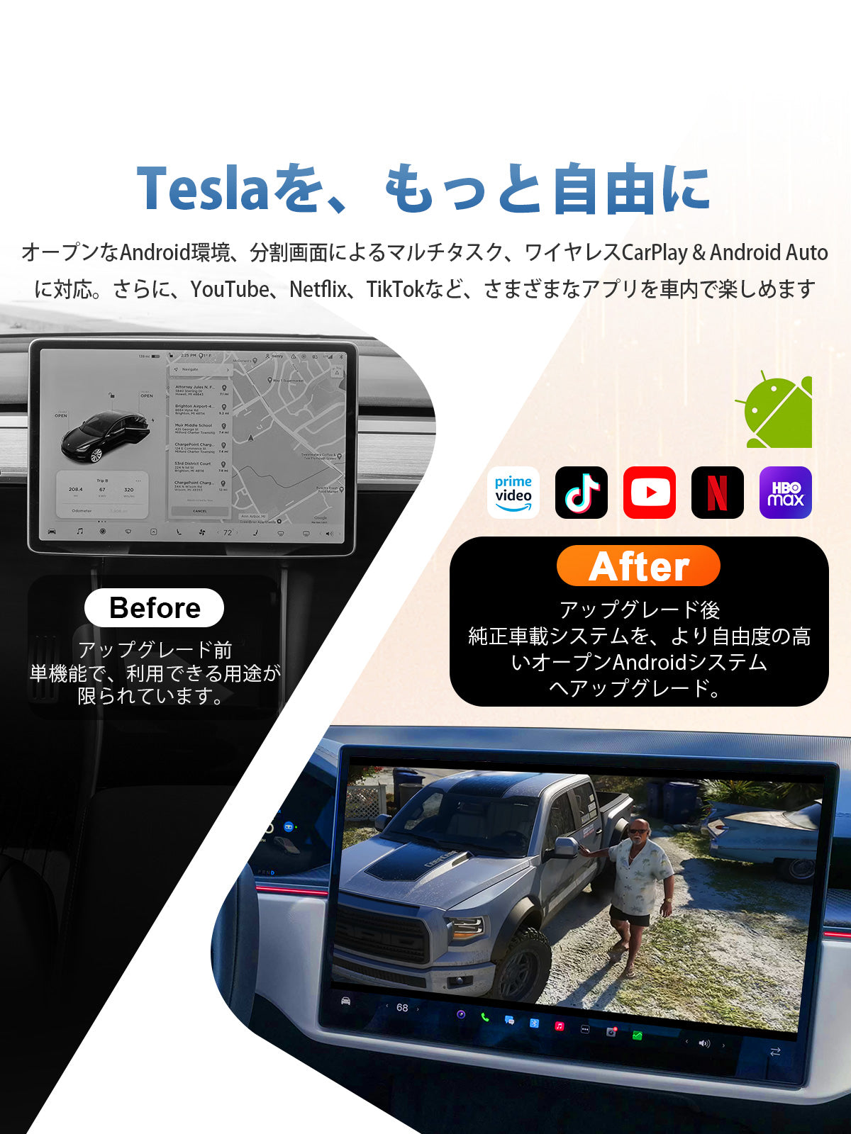 Linkifun L10 Tesla Android 13 AI Box with Google Play support, open Android system, YouTube, Netflix, TikTok, Spotify, and Google Maps apps