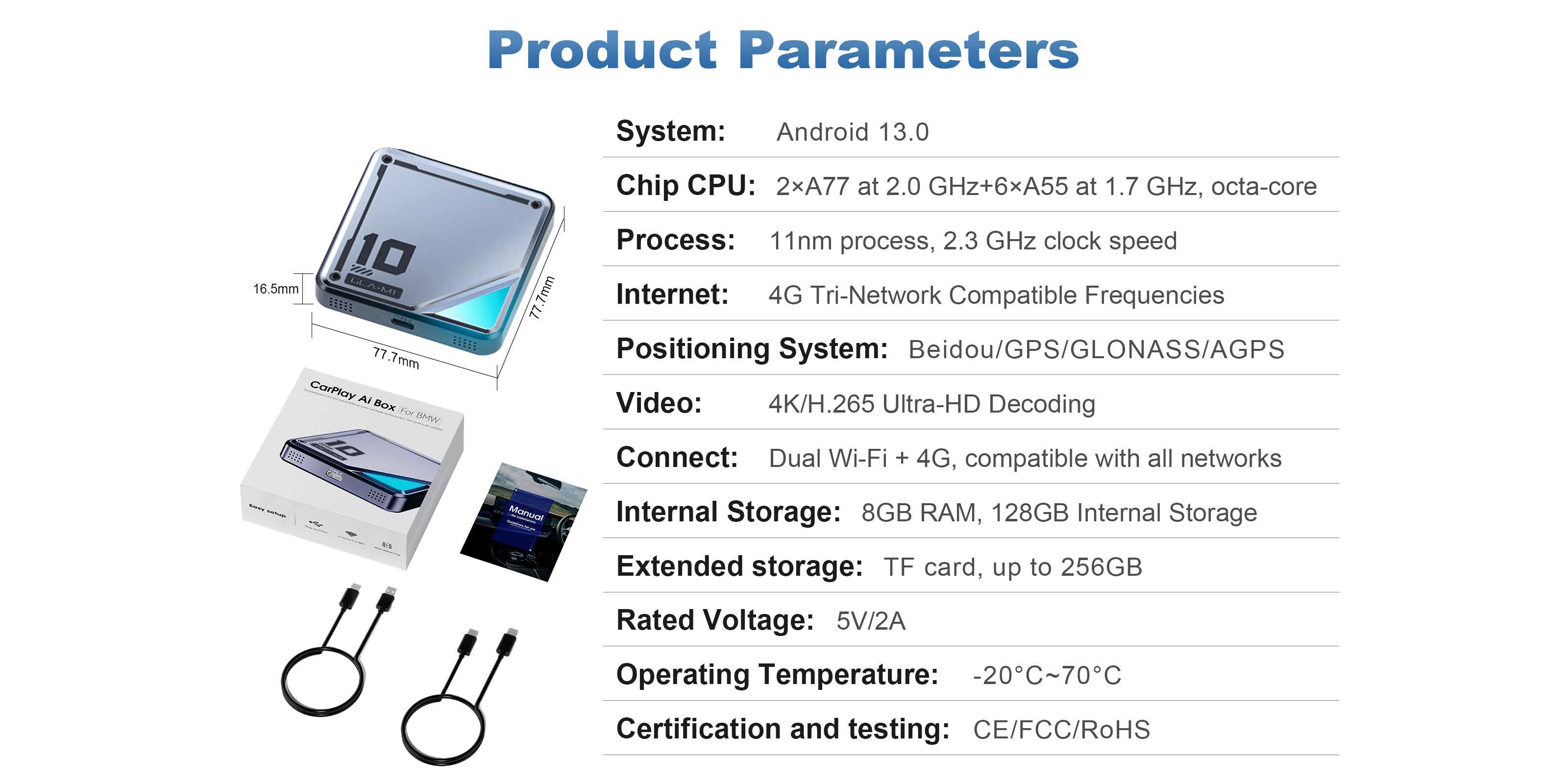 Linkifun L10 Tesla Android 13 AI Box product parameters with dimensions, 8GB RAM, 128GB storage, SIM card support, dual WiFi, 4G network, GPS positioning, accessories, and USB cables