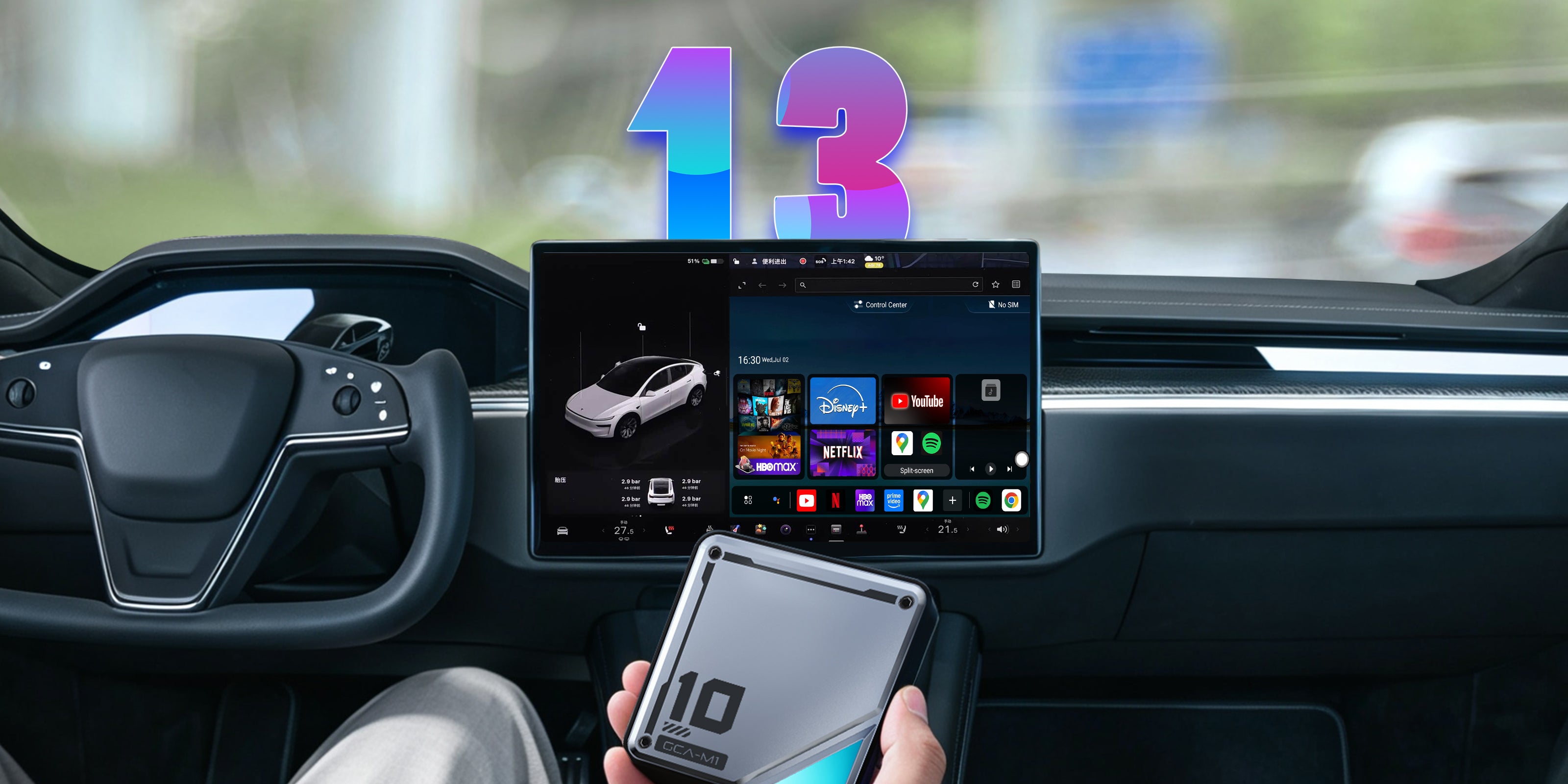 Linkifun L10 Tesla smart AI box series with wireless CarPlay, wireless Android Auto, Android 13 system, Google Play apps, in-car entertainment, navigation, and plug-and-play USB installation
