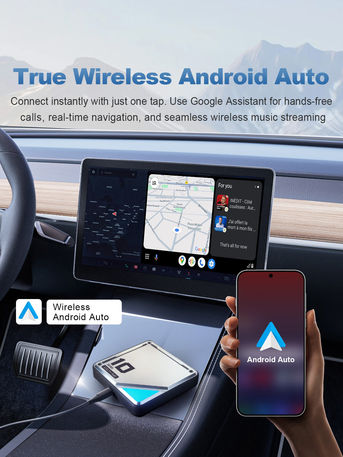 Linkifun L10 Tesla Android 13 AI Box with true wireless Android Auto, Google Maps, Google Assistant, music, and hands-free calls