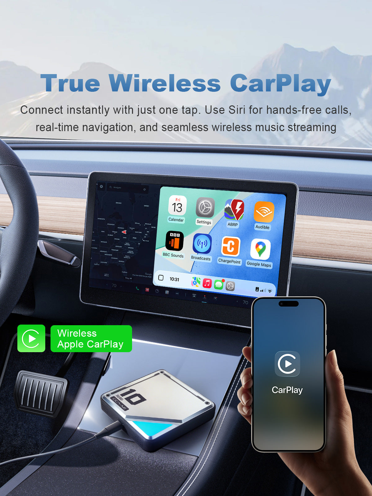 Linkifun L10 Tesla Android 13 AI Box with true wireless Apple CarPlay, Siri voice control, navigation, music, and hands-free calls