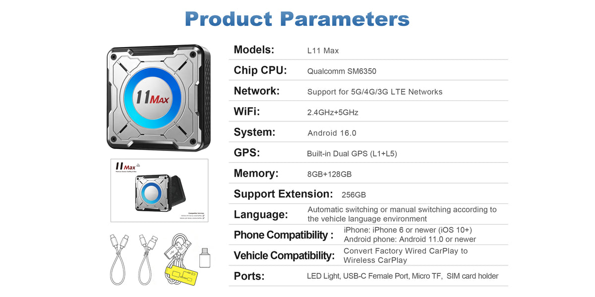 Linkifun L11 Max Android 16 AI Box specifications for desktop display, featuring wireless CarPlay, Android Auto, HDMI Out, GPS, 5G/4G/3G connectivity, cooling fan, and up to 256GB storage expansion