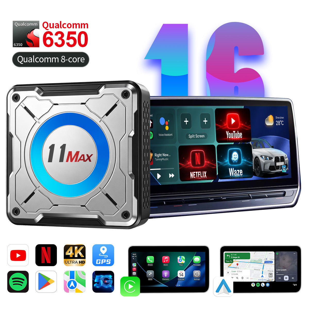 Linkifun™ L11 Max Android 16 boîtier d’IA intelligente｜compatible avec CarPlay sans fil / Android Auto・compatible avec Google Play・GPS intégré・8 Go de RAM + 128 Go de ROM・écran partagé・équipé d’un ventilateur de refroidissement silencieux
