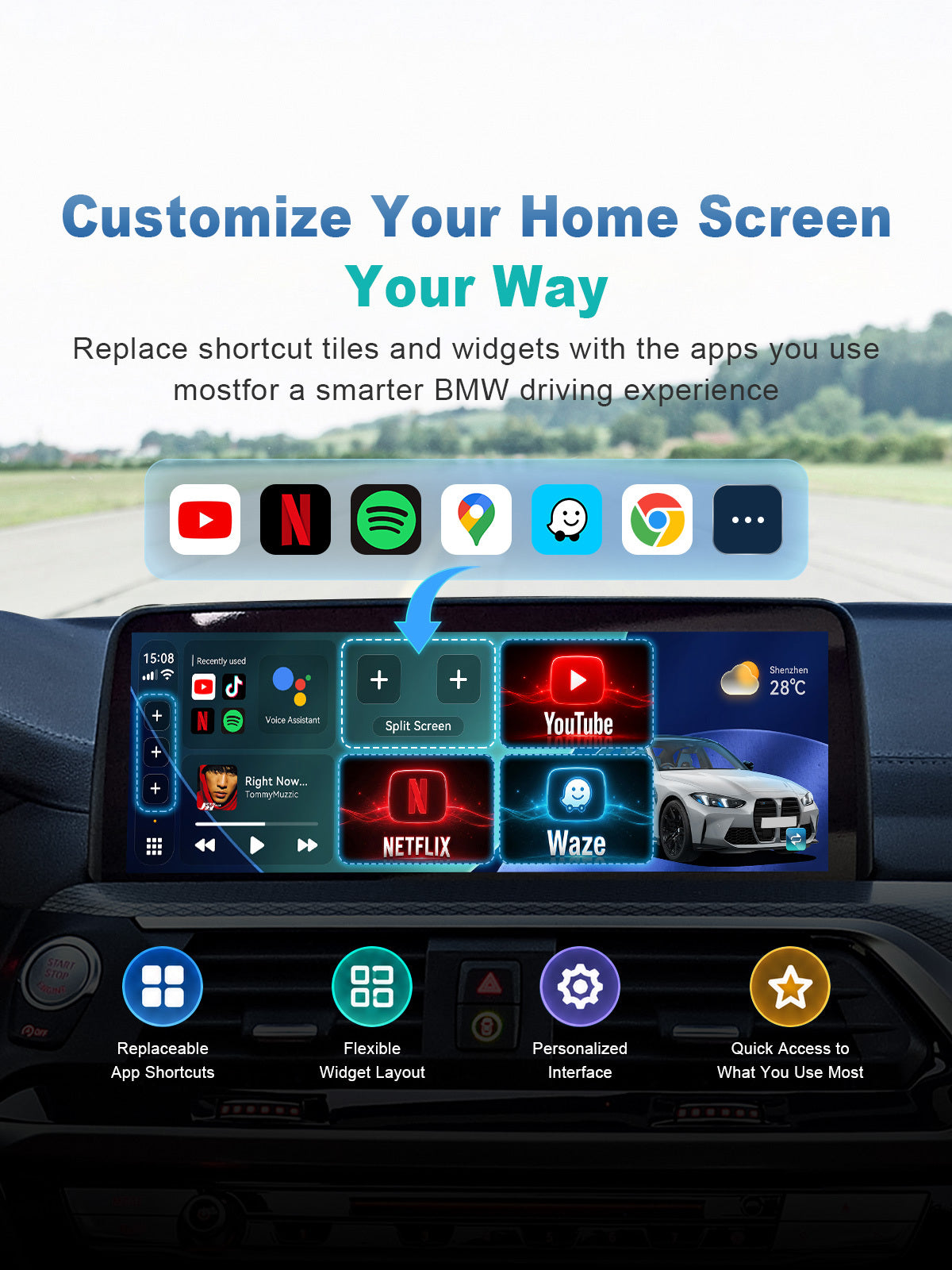 Linkifun L11 Max Android 16 Car AI Box with customizable home screen, replaceable app shortcuts and flexible widget layout
