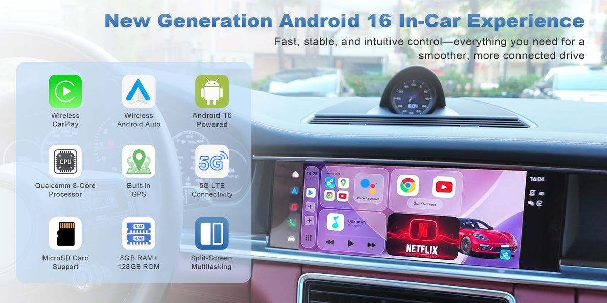 Linkifun L11 Max Android 16 Car AI Box with Wireless CarPlay, Android Auto, built-in GPS, 5G connectivity, 8GB RAM, 128GB storage, MicroSD support and split-screen multitasking