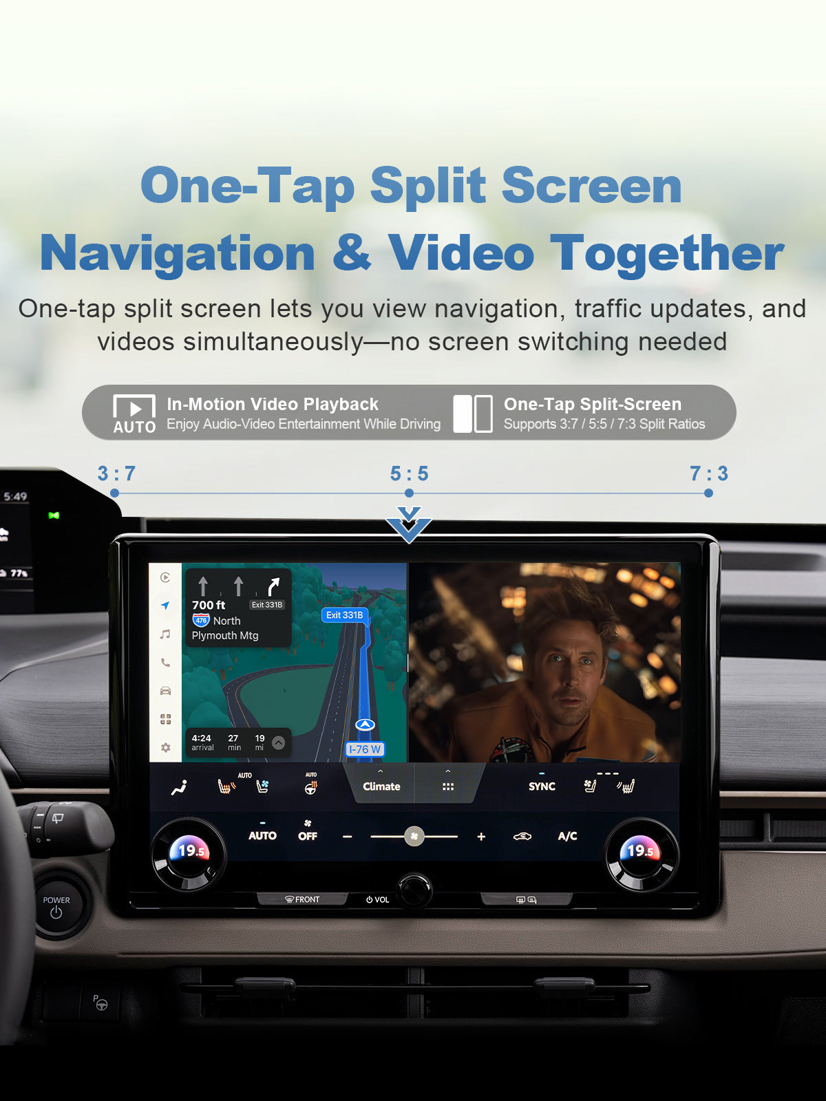 Linkifun L11 Max Android 16 Car AI Box with split-screen navigation and entertainment supporting 3:7, 5:5 and 7:3 screen ratios