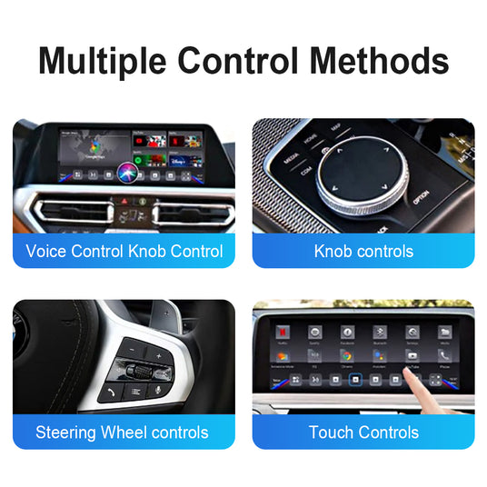 Integrated control methods in the Linkifun L8 BMW Carplay Android AI Box, including voice, knob, steering wheel, and touch controls