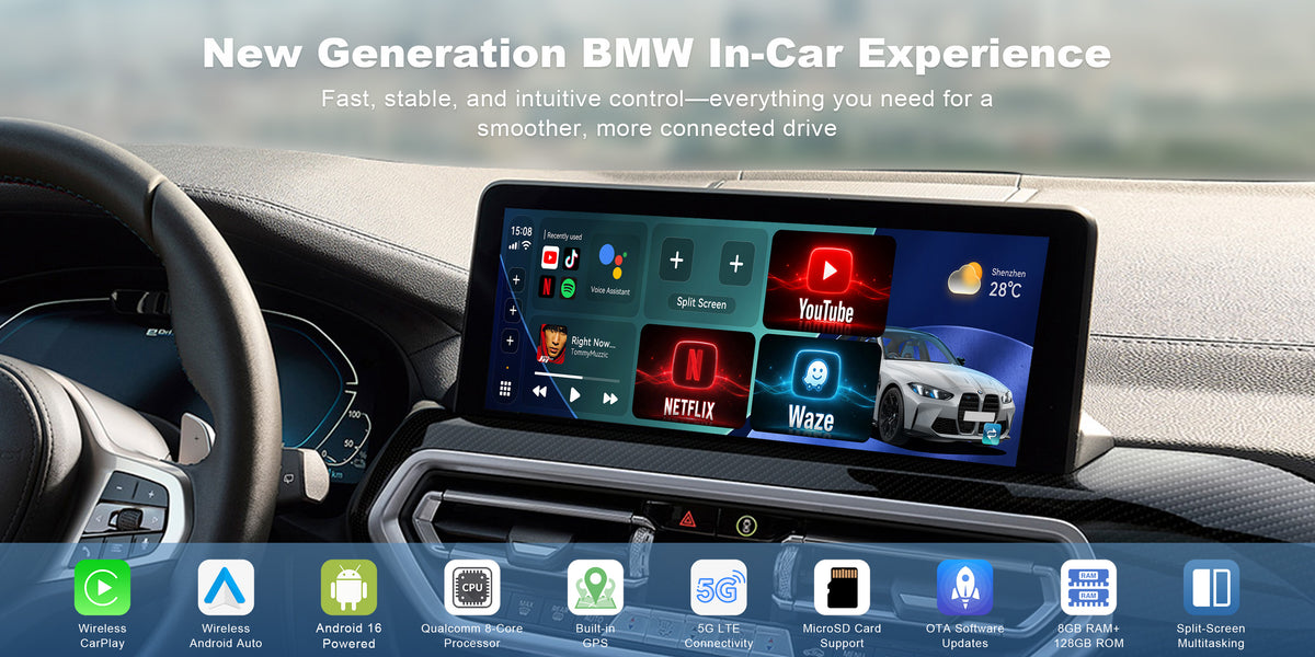 Linkifun L8 Max BMW AI Box featuring Android 16, wireless CarPlay, Android Auto, Qualcomm processor, 5G connectivity, GPS, split screen and 8GB RAM 128GB storage