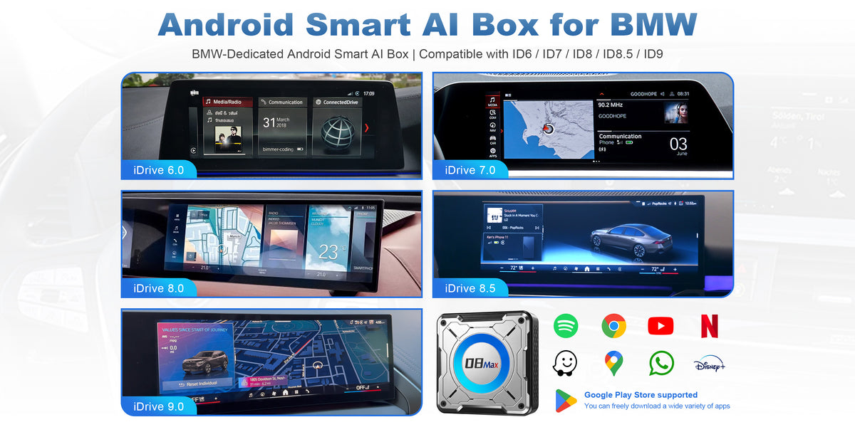 Linkifun L8 Max BMW Android AI Box compatible with iDrive 6.0, 7.0, 8.0, 8.5 and 9.0 systems with Google Play Store and Android apps support
