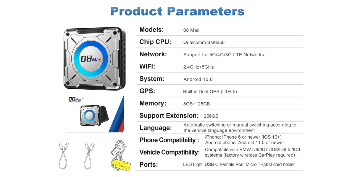 Linkifun L8 Max BMW Android 16 AI Box mobile specifications with Qualcomm SM6350, 8GB RAM, 128GB ROM and GPS
