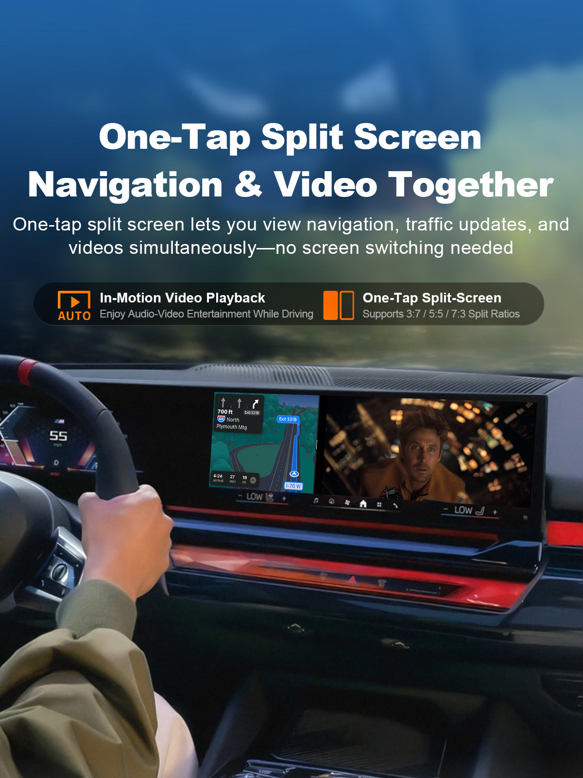 Linkifun L8 Max BMW Android 16 AI Box with split-screen navigation and entertainment, showing Google Maps and video apps on one screen