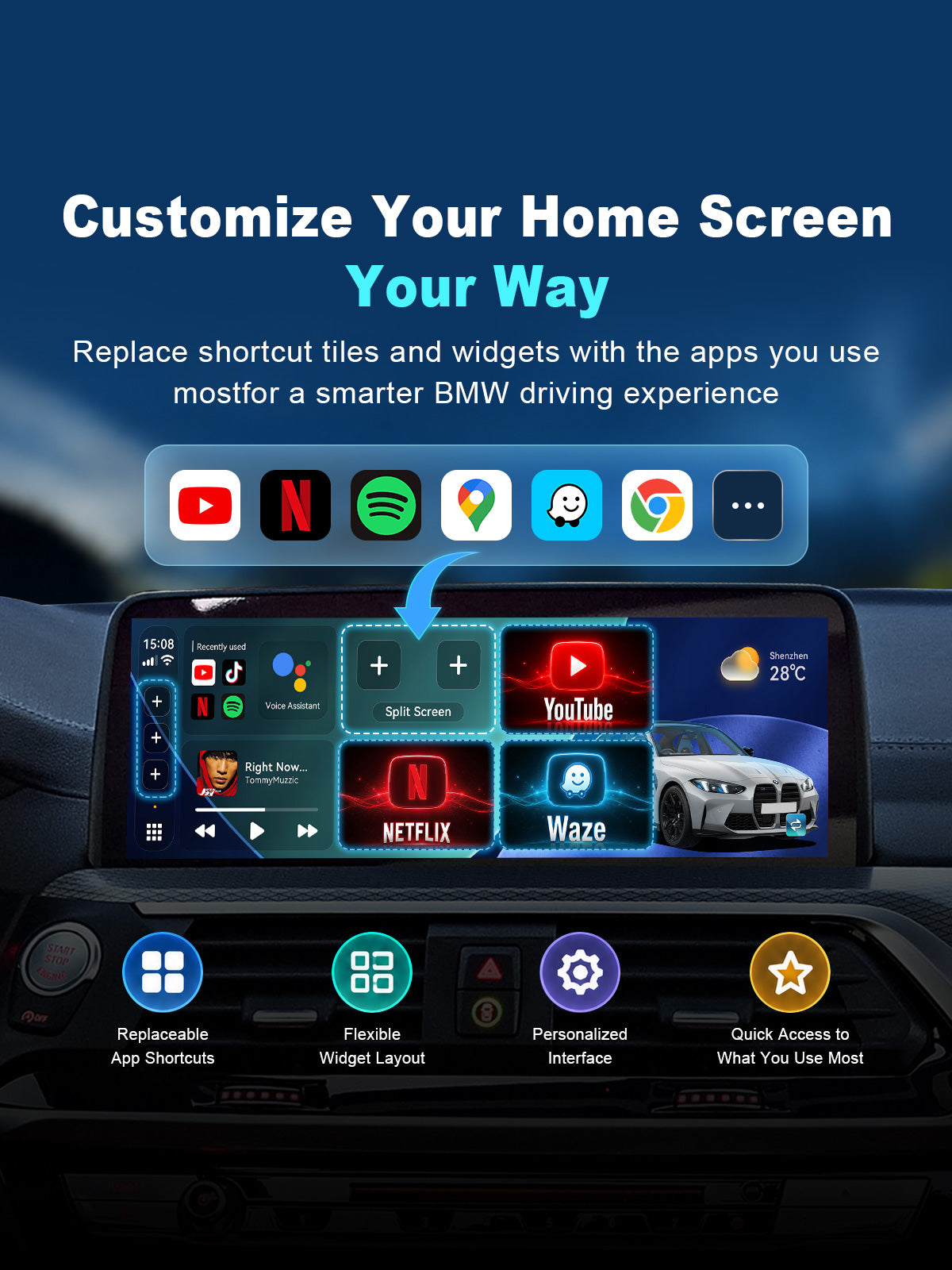 Linkifun L8 Max BMW AI Box with customizable home screen, replaceable app shortcuts, and personalized widget layout