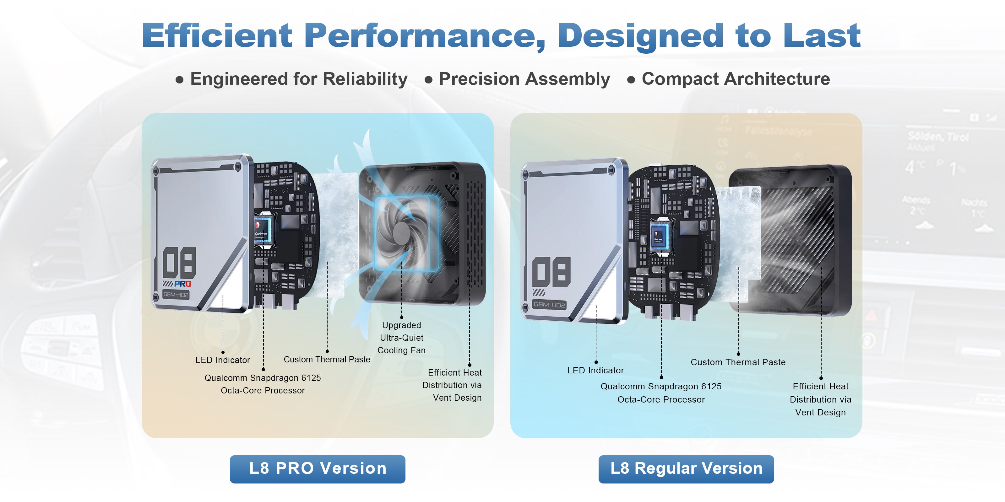 Linkifun L8 Standard and L8 Pro internal design comparison showing the upgraded ultra-quiet cooling fan for improved heat dissipation.