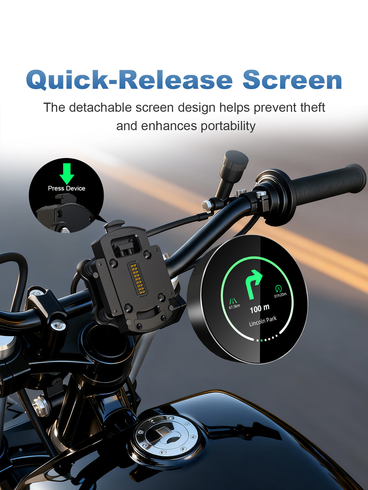 Linkifun M0 motorcycle GPS navigator with quick-release detachable screen for anti-theft protection and easy portability.