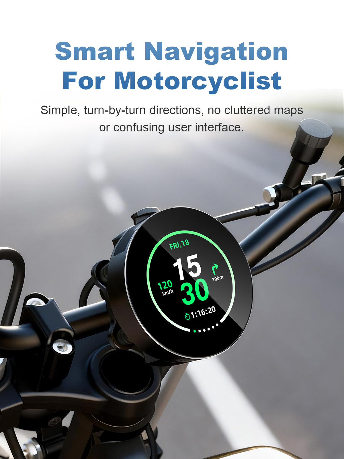 Linkifun M0 motorcycle GPS navigator displaying simplified turn-by-turn navigation designed for motorcyclists