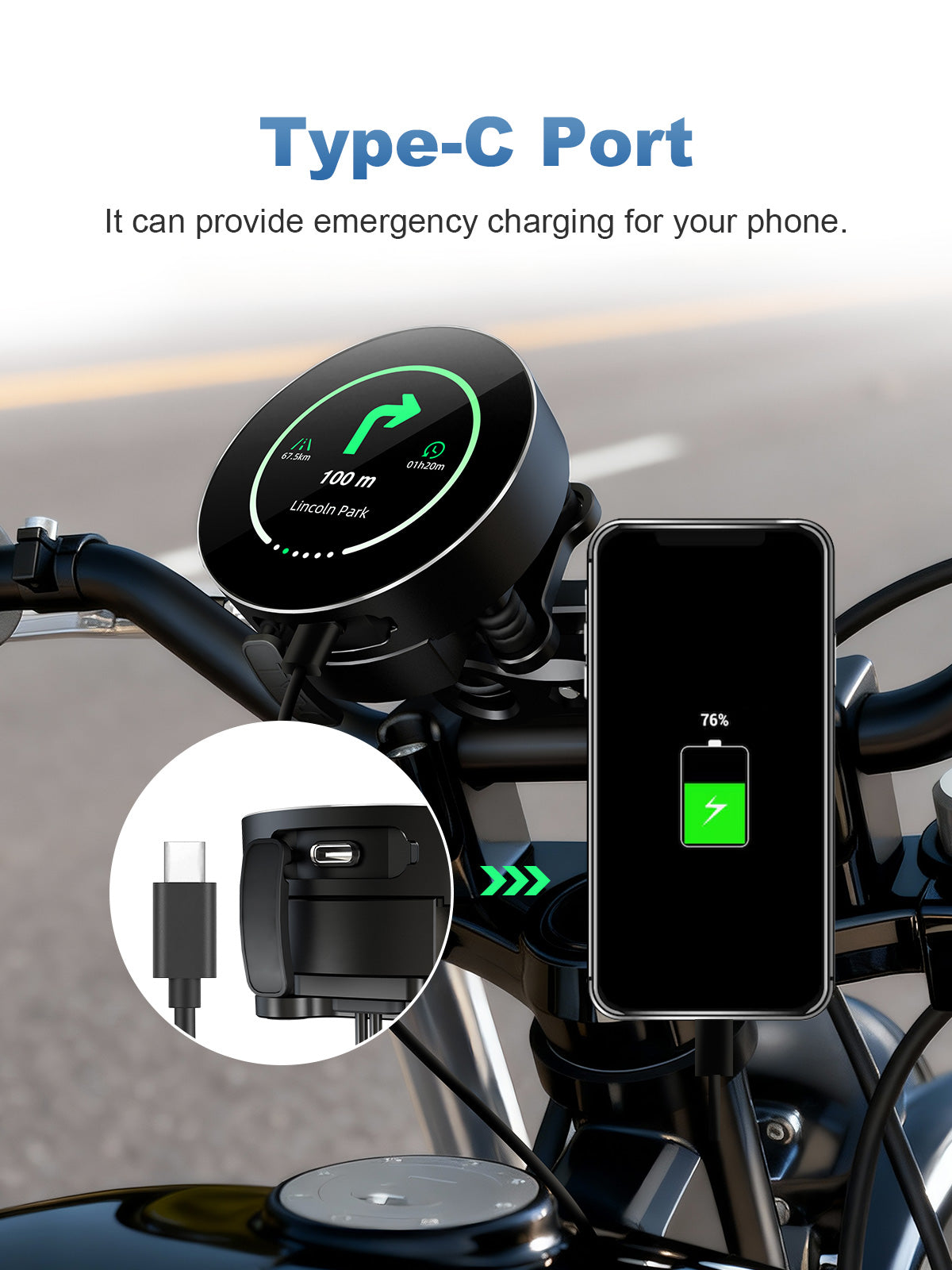 Linkifun M0 motorcycle GPS navigator Type-C port providing emergency phone charging while powered through the mount.