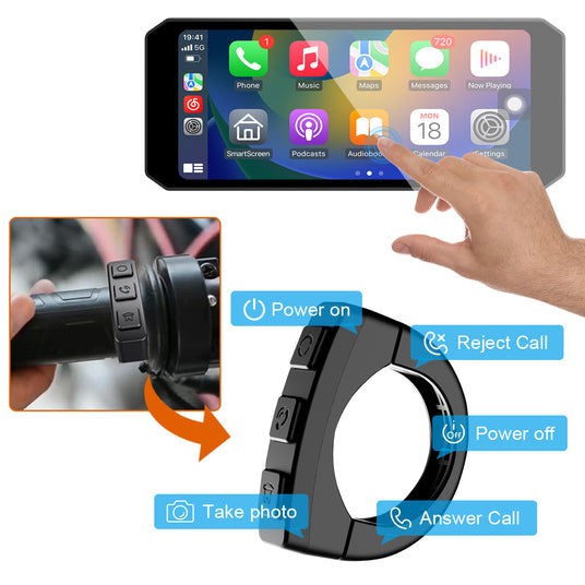 Linkifun MT07 with wired remote control for safe, glove-friendly operation of key functions on the handlebars.