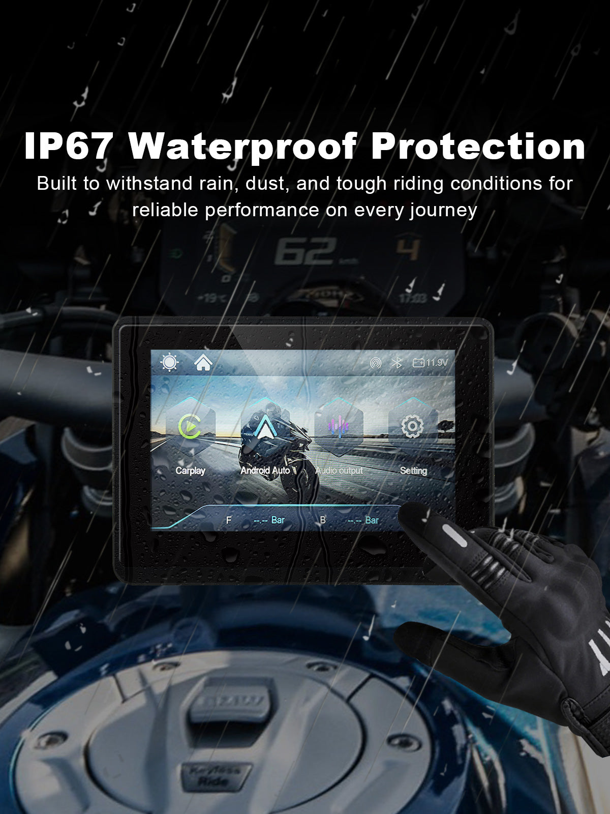 Linkifun MT1 5-inch motorcycle navigation display with IP67 waterproof and dustproof protection for rain, splashes, dust, and all-weather riding conditions