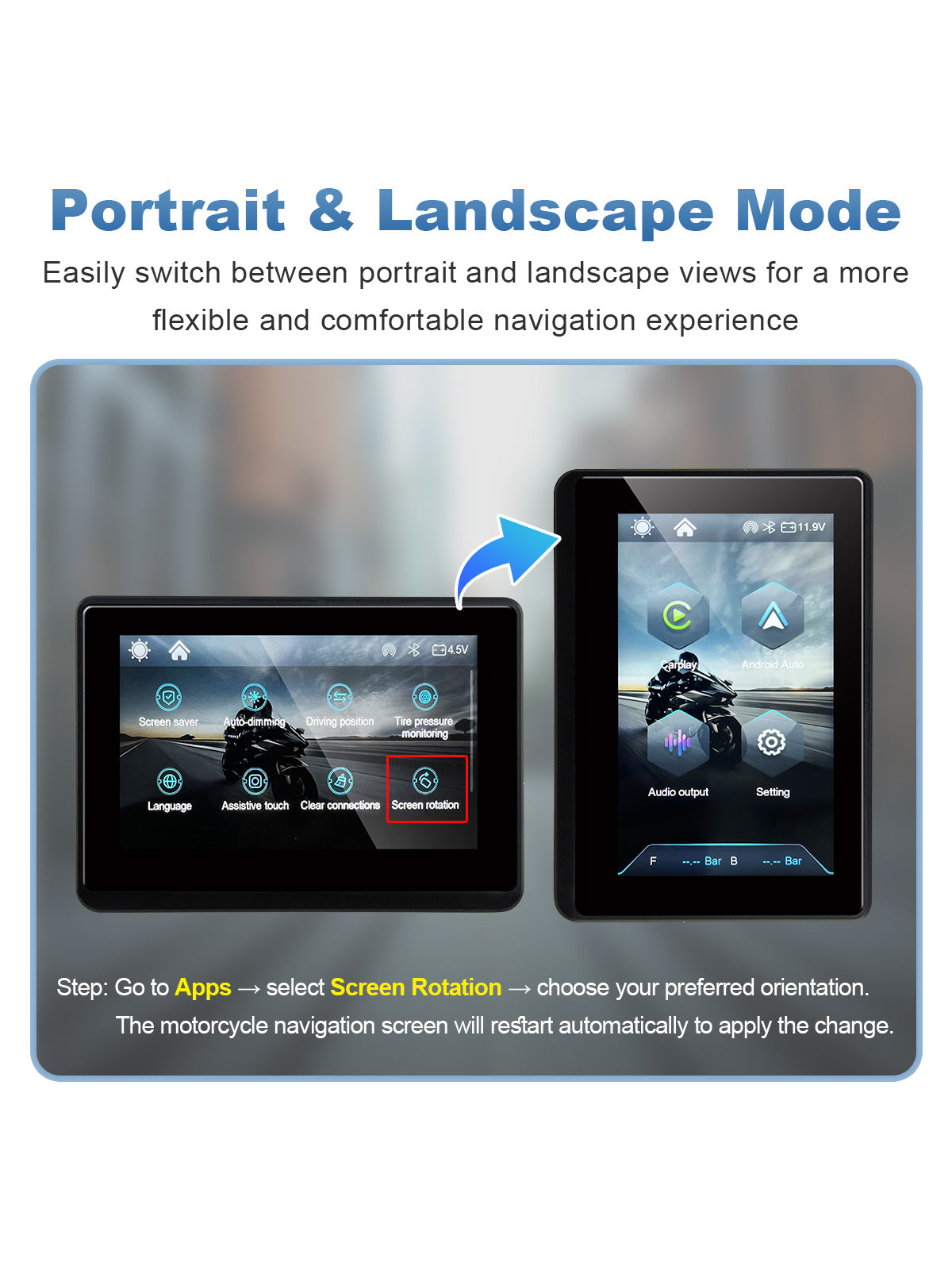 Linkifun MT1 5-inch motorcycle navigation display with portrait and landscape screen rotation for flexible navigation viewing