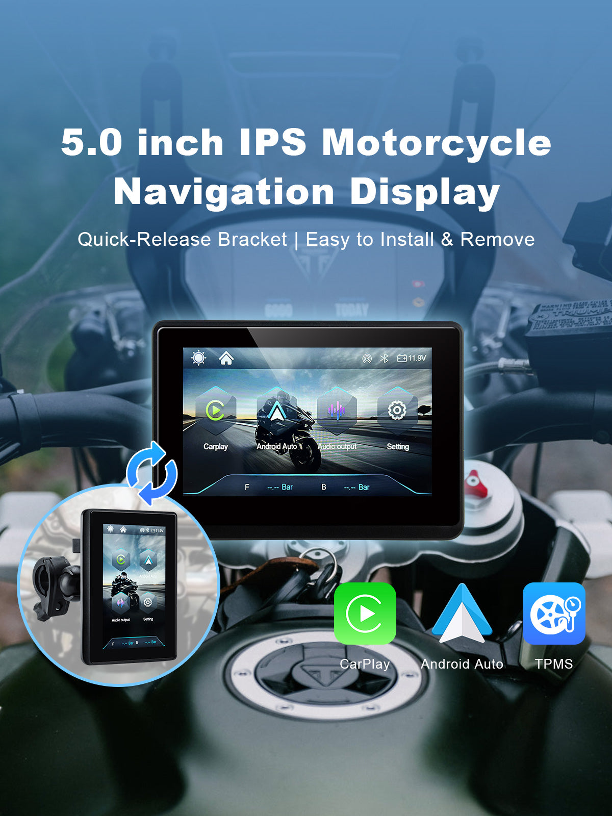 Linkifun MT1 5-inch motorcycle navigation display with quick-release bracket, Apple CarPlay, Android Auto, portrait and landscape modes, and optional TPMS monitoring