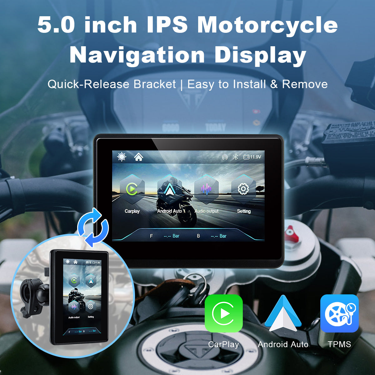 Linkifun™ MT1 5" Motorcycle Navigation Display with Wireless CarPlay & Android Auto, Portrait/Landscape Rotation, 800-Nit IPS, Optional TPMS & IP67