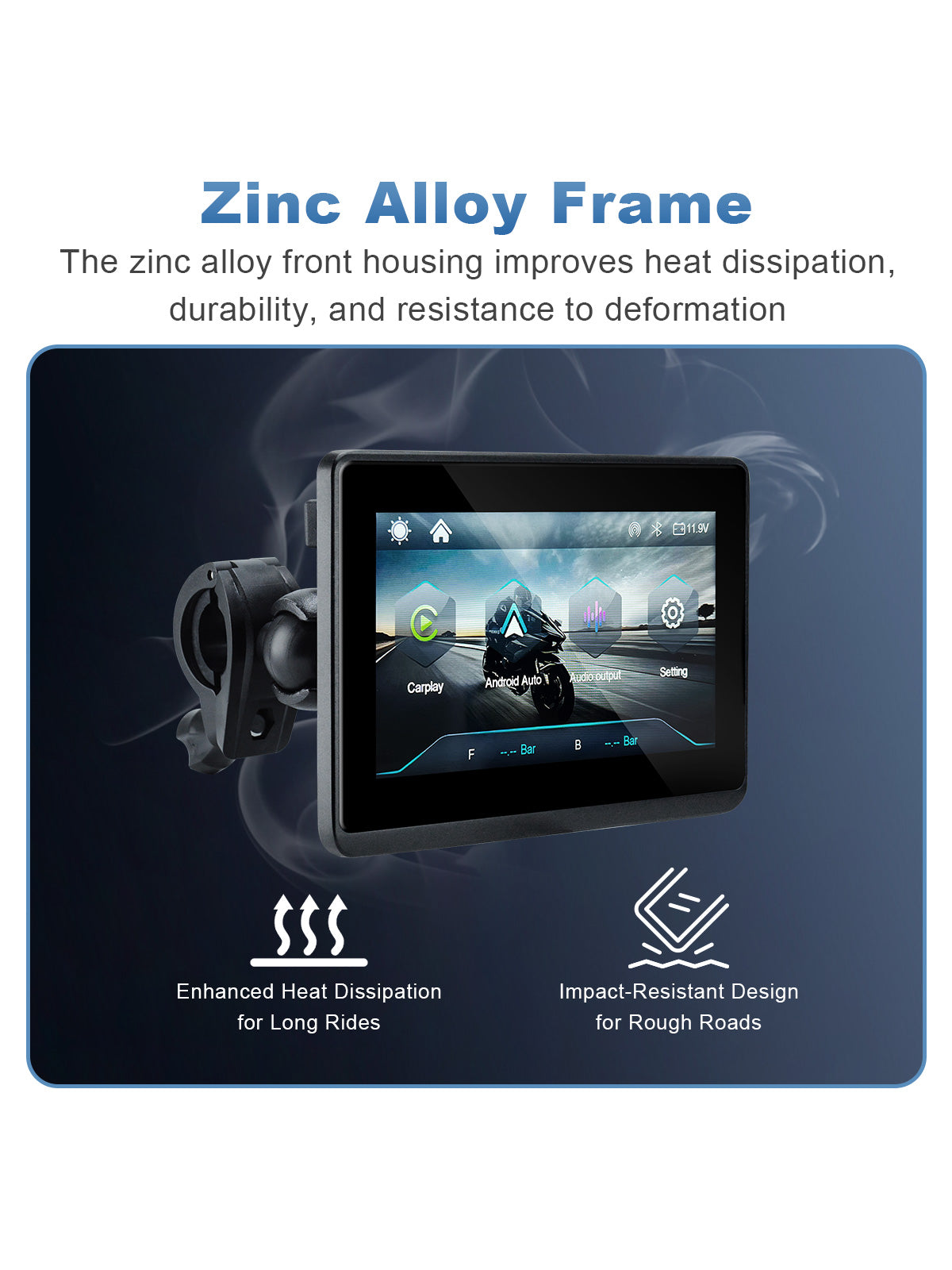 Linkifun MT1 5-inch motorcycle navigation display with zinc alloy frame for enhanced heat dissipation, durability, and impact resistance