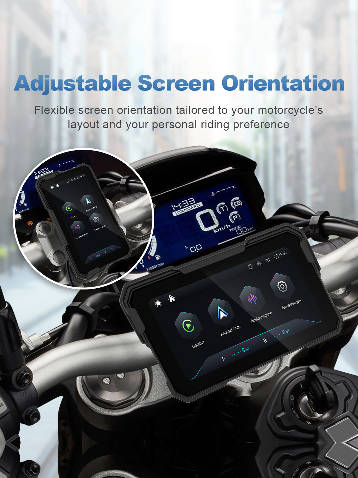 Linkifun MT10 motorcycle navigation screen with adjustable screen orientation, allowing one-touch switching between portrait and landscape display modes.