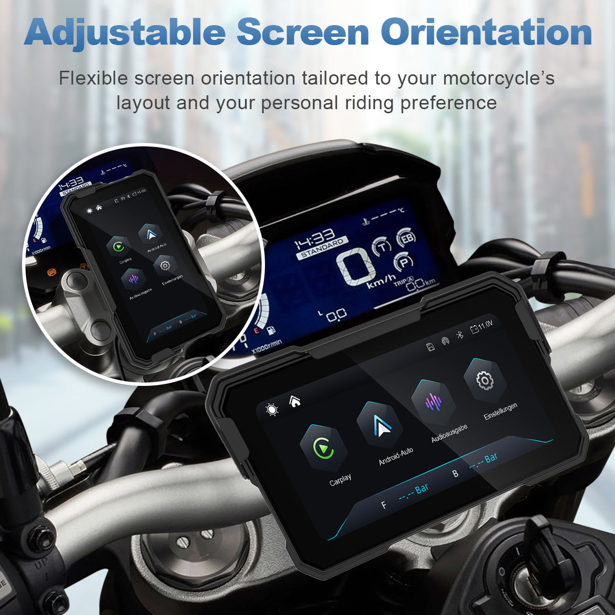 Linkifun MT10 motorcycle navigation screen with adjustable screen orientation, allowing one-touch switching between portrait and landscape display modes.