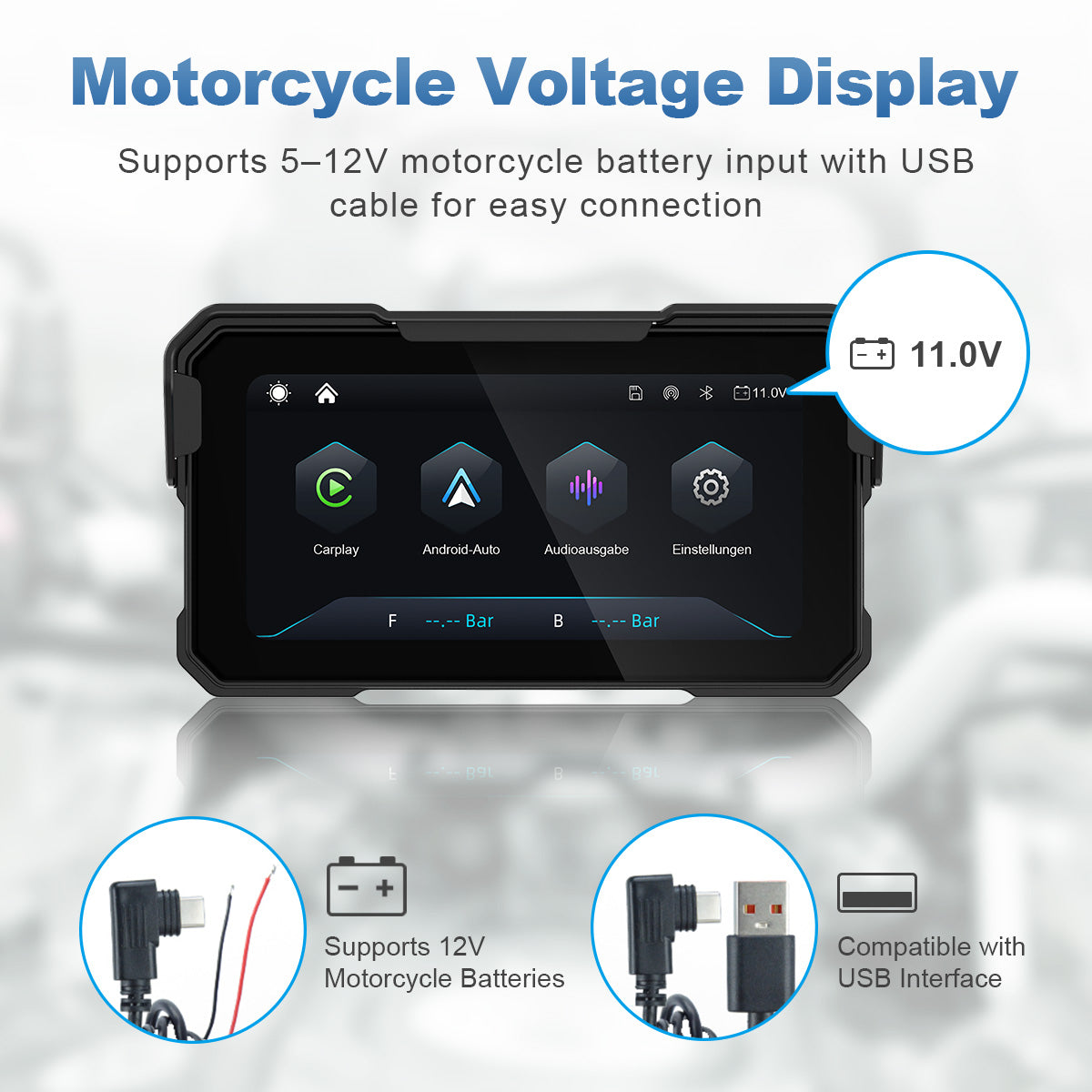 Linkifun MT10 motorcycle navigation screen with flexible 5-12V battery and USB power supply option
