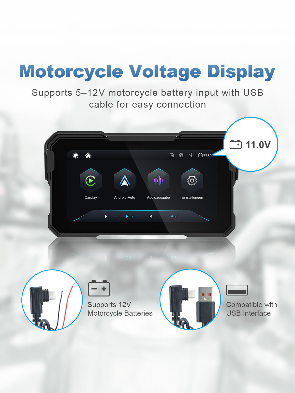 Linkifun MT10 motorcycle navigation screen with flexible 5-12V battery and USB power supply option