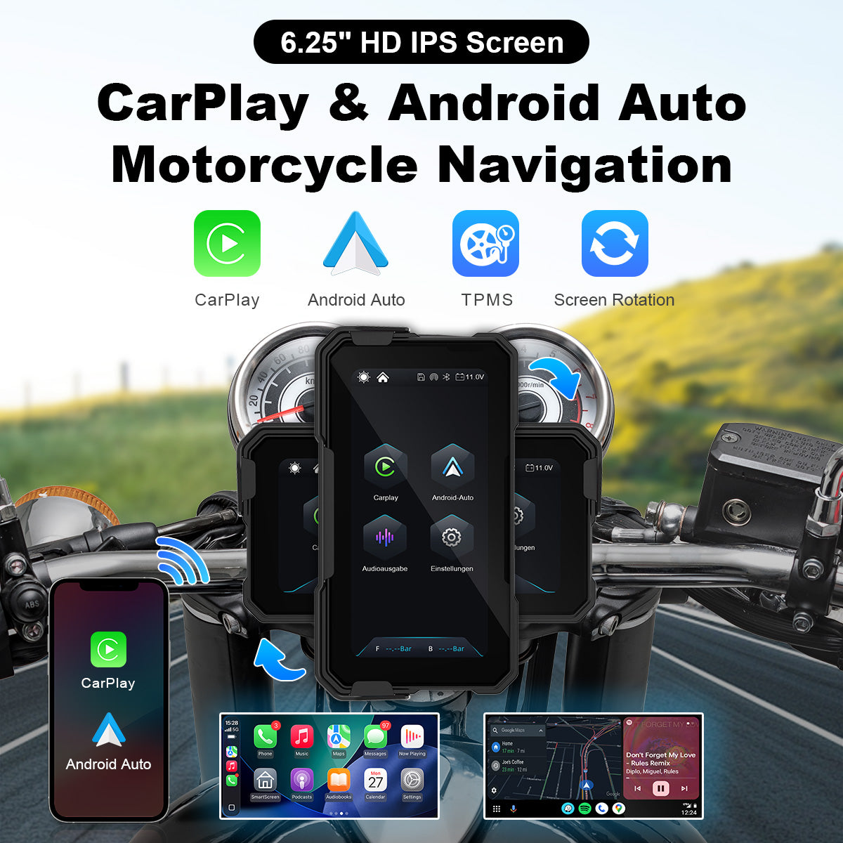 Linkifun MT10 motorcycle navigation screen with flexible control, optional TPMS, and portrait landscape display mode