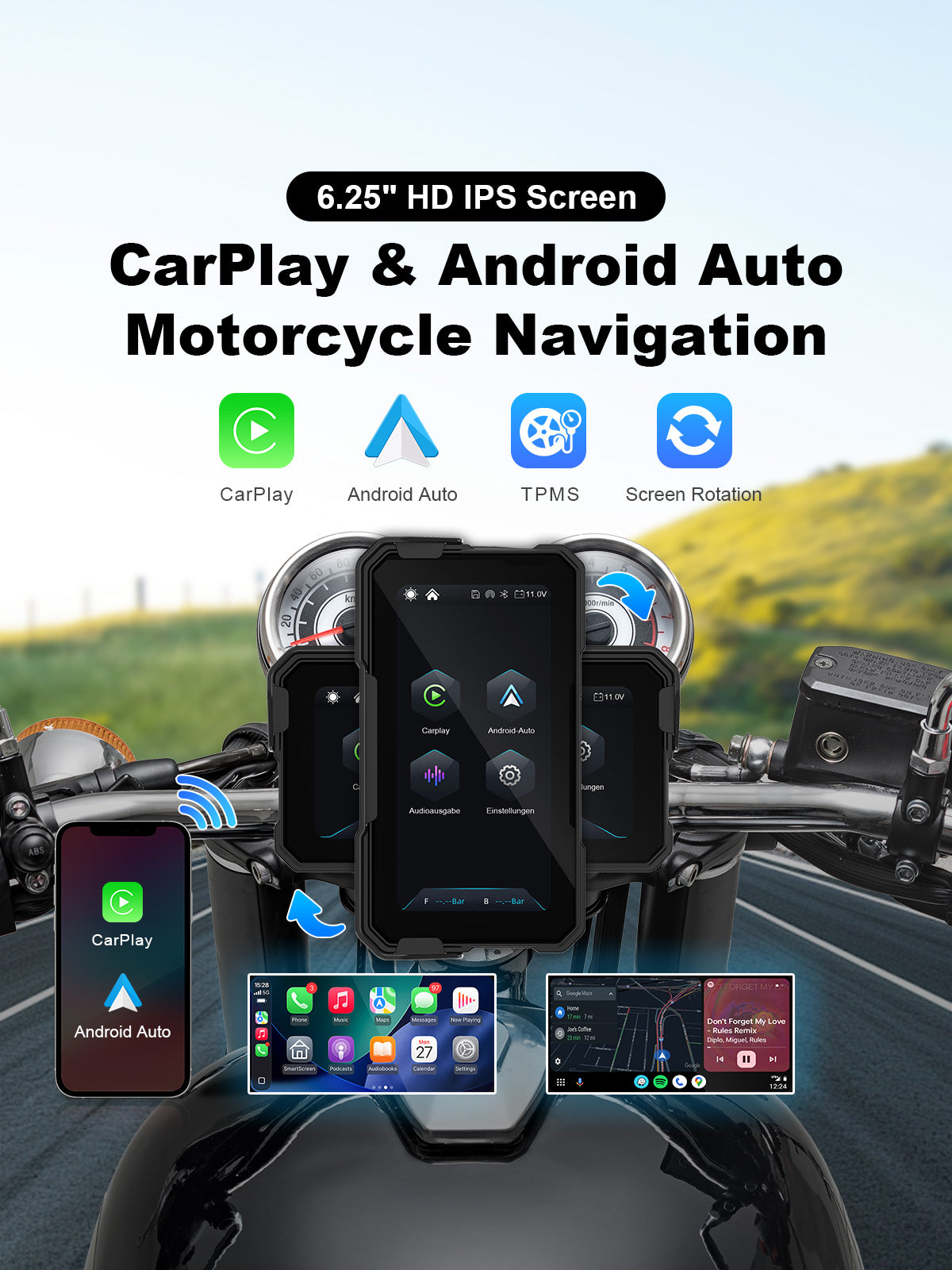 Linkifun MT10 motorcycle navigation screen with flexible control, optional TPMS, and portrait landscape display mode