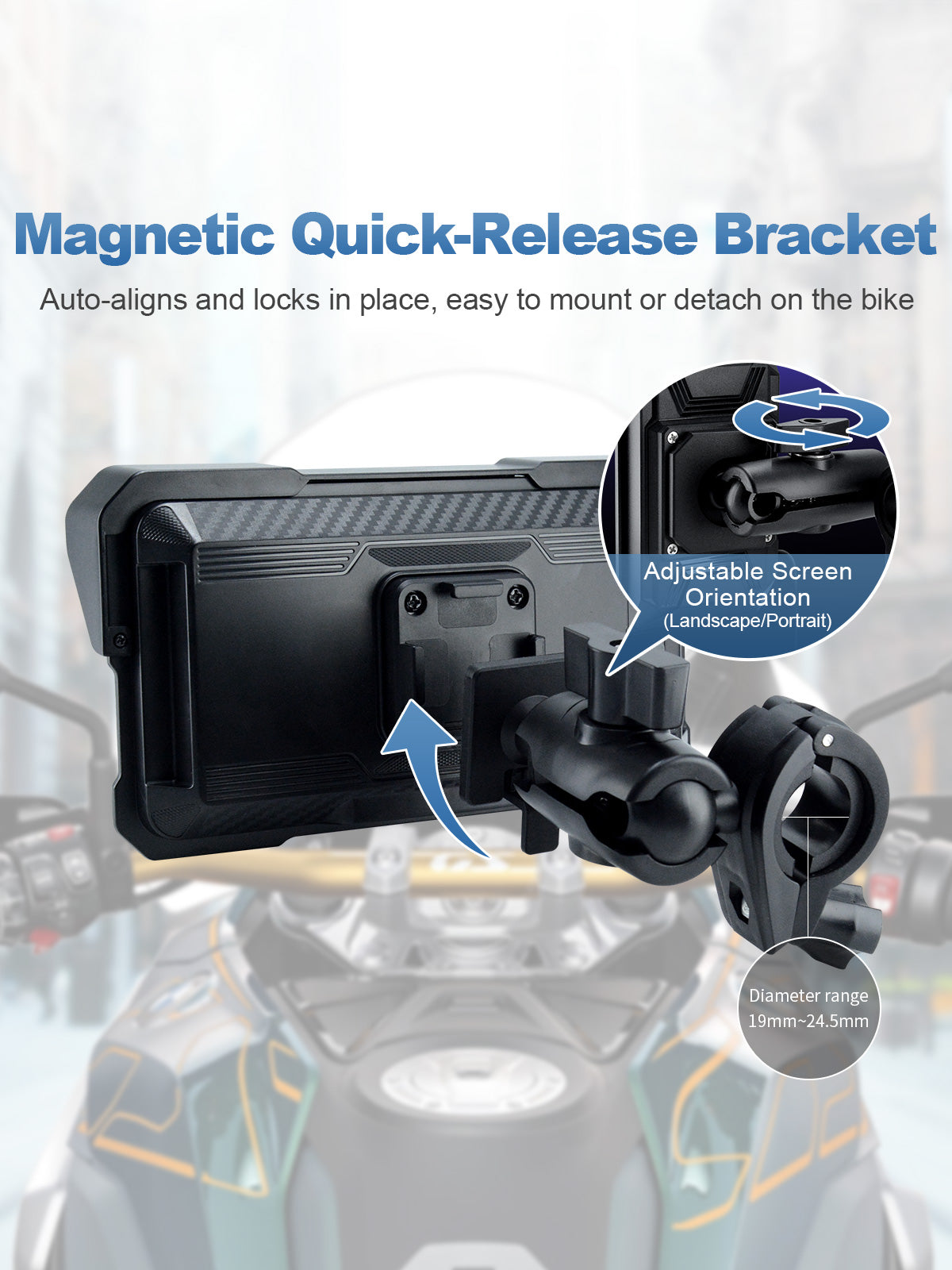 Linkifun MT10 motorcycle navigation screen with magnetic quick-release mount, enabling fast screen removal and effortless portrait or landscape adjustment.