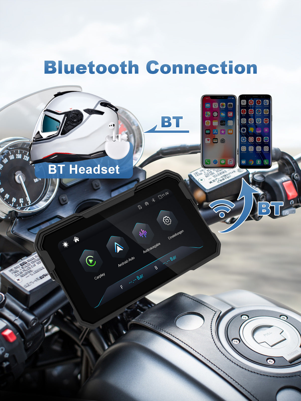 Linkifun MT10 motorcycle navigation screen with single Bluetooth 5.0 connection for wireless CarPlay and Android Auto