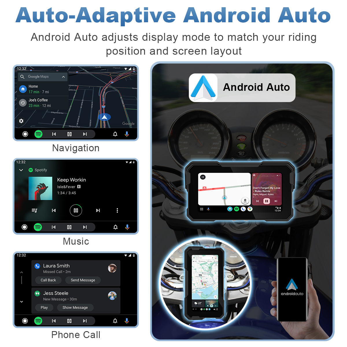Linkifun MT10 motorcycle navigation screen with wireless Android Auto and portrait landscape display mode