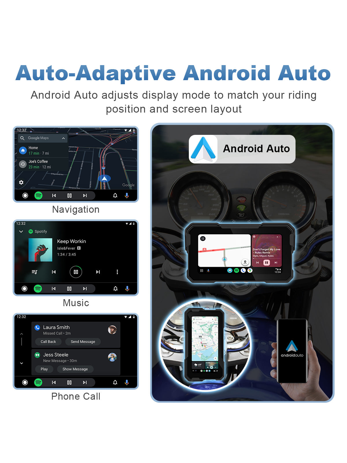 Linkifun MT10 motorcycle navigation screen with wireless Android Auto and portrait landscape display mode
