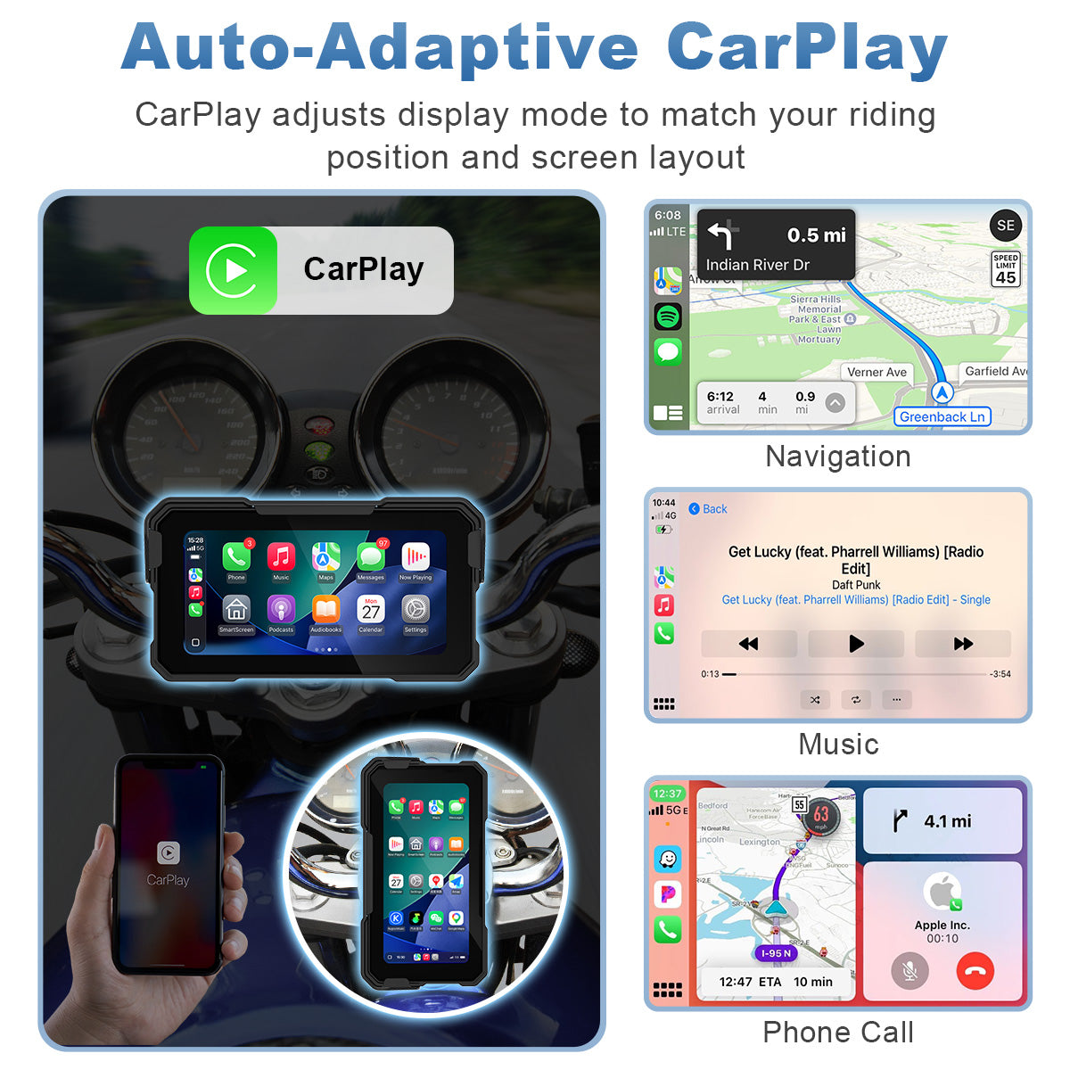 Linkifun MT10 motorcycle navigation screen with wireless Apple CarPlay and portrait landscape display mode