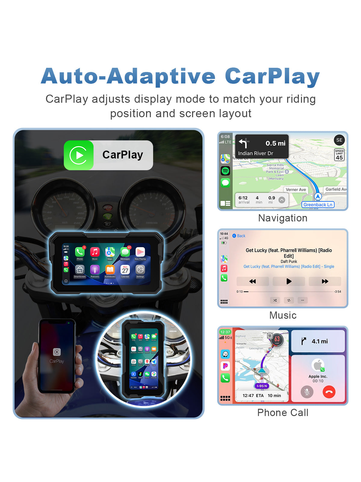 Linkifun MT10 motorcycle navigation screen with wireless Apple CarPlay and portrait landscape display mode