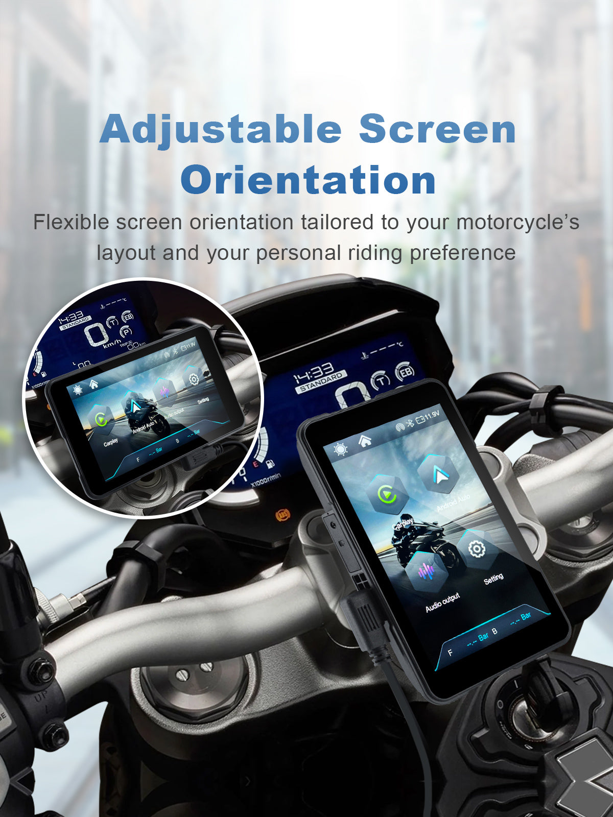 Linkifun MT11B 5 inch motorcycle navigation screen with adjustable portrait and landscape display mode