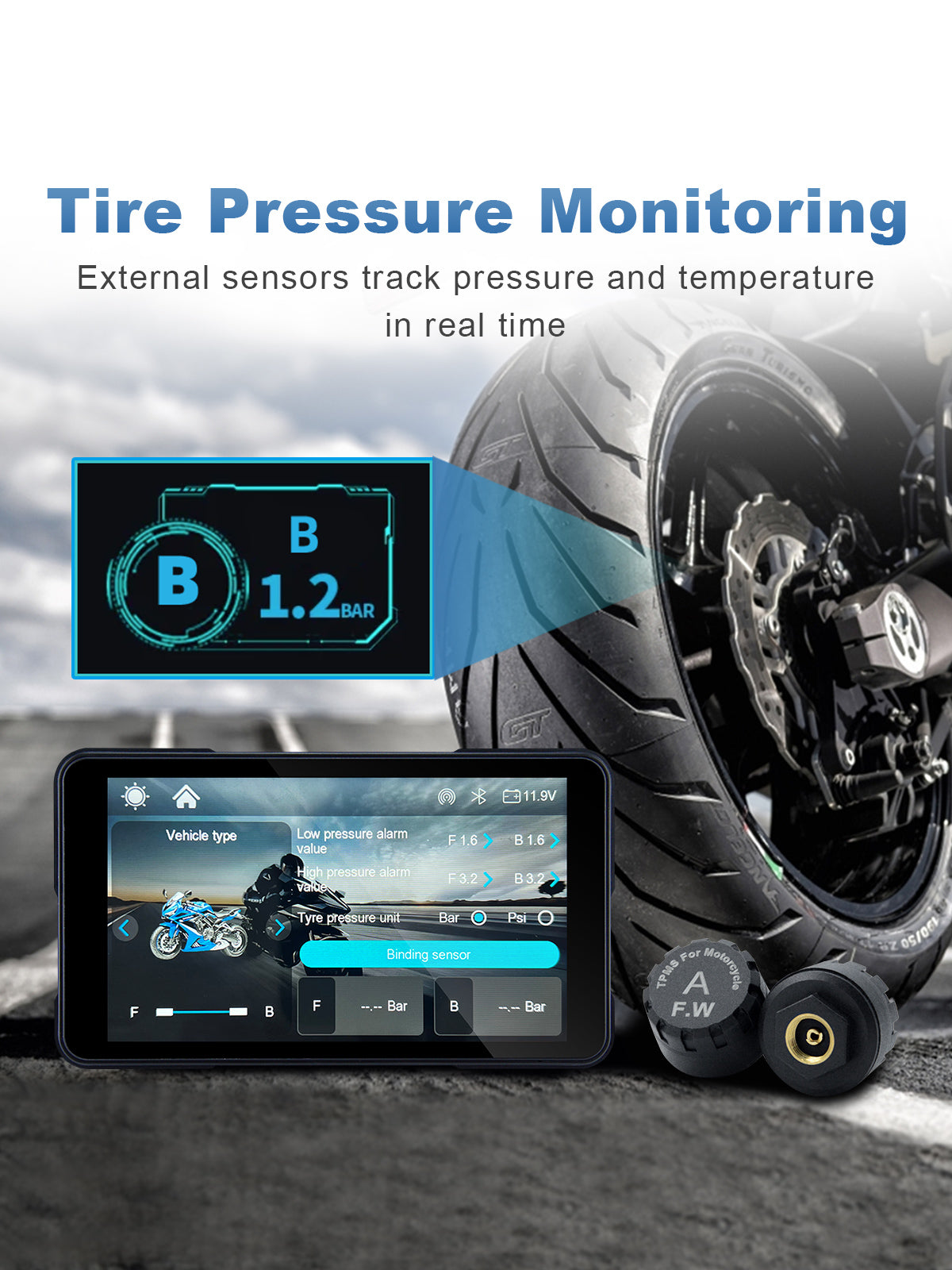 Linkifun MT11B 5 inch motorcycle navigation screen with optional TPMS for real-time tire pressure and temperature monitoring