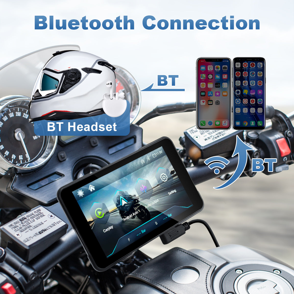 Linkifun™ MT11B 5" Motorcycle Navigation Screen with Wireless CarPlay & Android Auto, Portrait & Landscape Mode, Quick-Release Bracket, Single Bluetooth, Optional TPMS