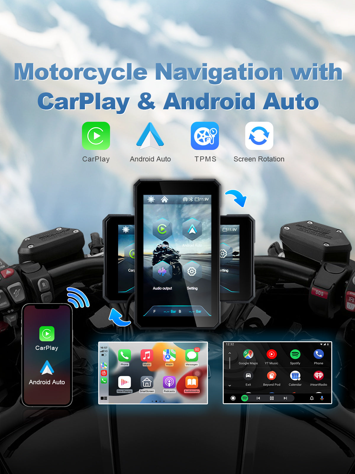 Linkifun MT11B motorcycle navigation screen with wireless CarPlay, Android Auto, one-touch portrait landscape mode, optional TPMS, and quick-release bracket