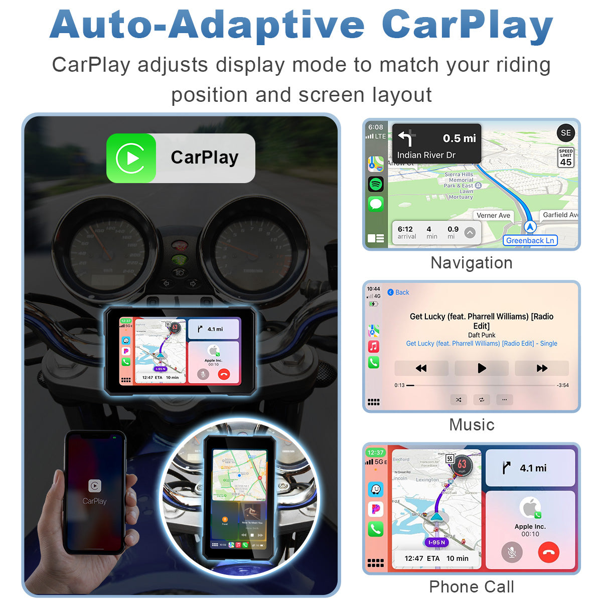 Linkifun™ MT11B 5" Motorcycle Navigation Screen with Wireless CarPlay & Android Auto, Portrait & Landscape Mode, Quick-Release Bracket, Single Bluetooth, Optional TPMS