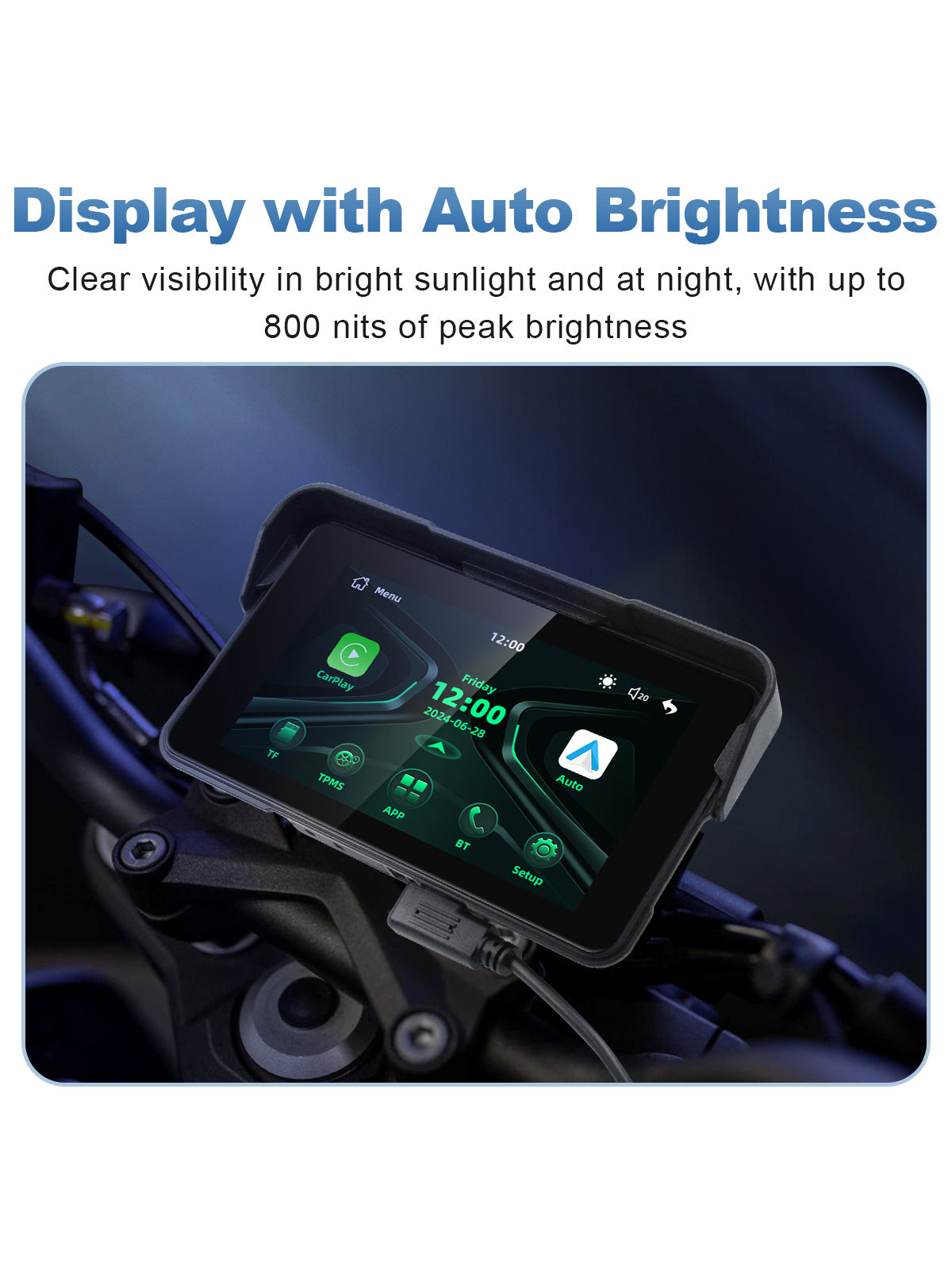 Linkifun MT11C 5-inch motorcycle navigation screen with an 800-nit display and automatic brightness adjustment for daytime and nighttime riding