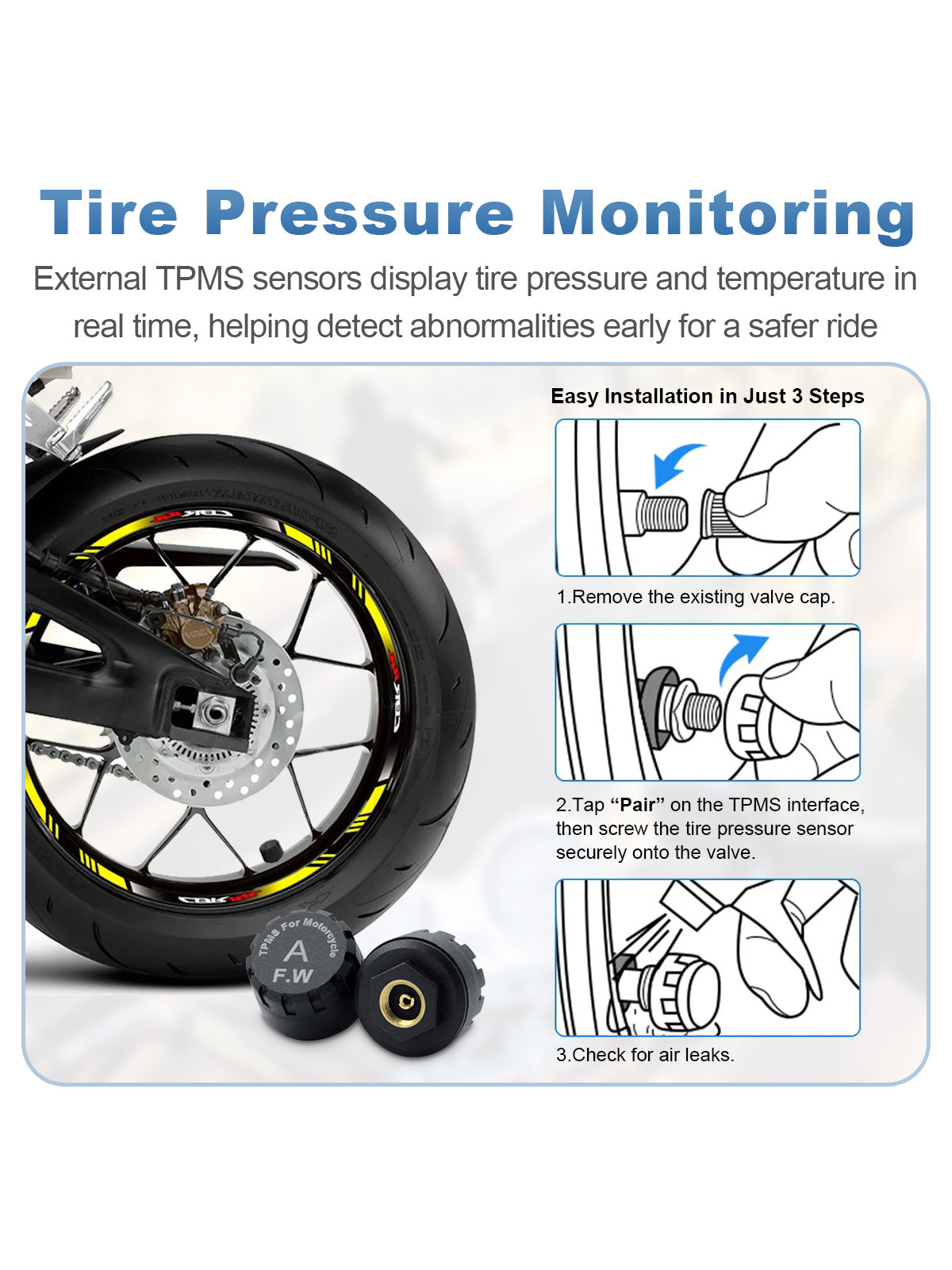 Linkifun MT11C 5-inch motorcycle navigation screen with optional TPMS sensors for real-time tire pressure and temperature monitoring