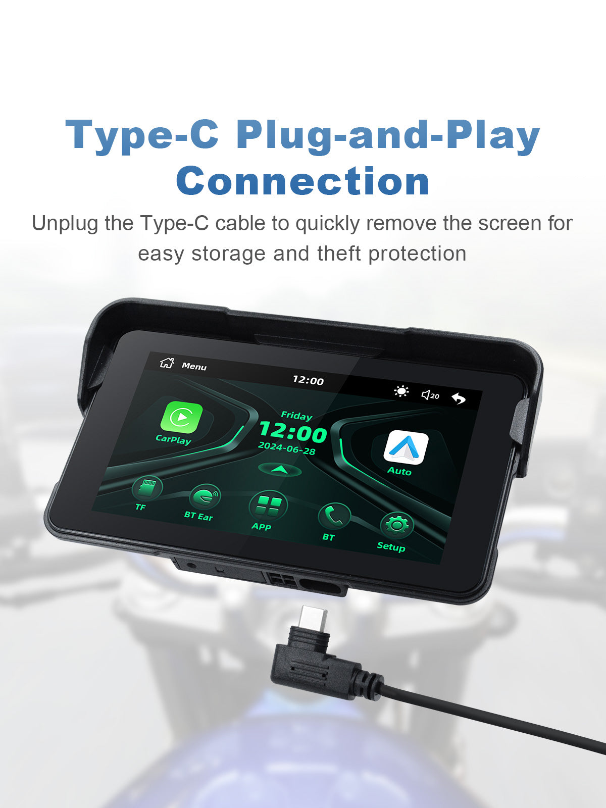 Linkifun MT11C 5-inch motorcycle navigation screen with Type-C plug-and-play power connection for quick removal and secure storage