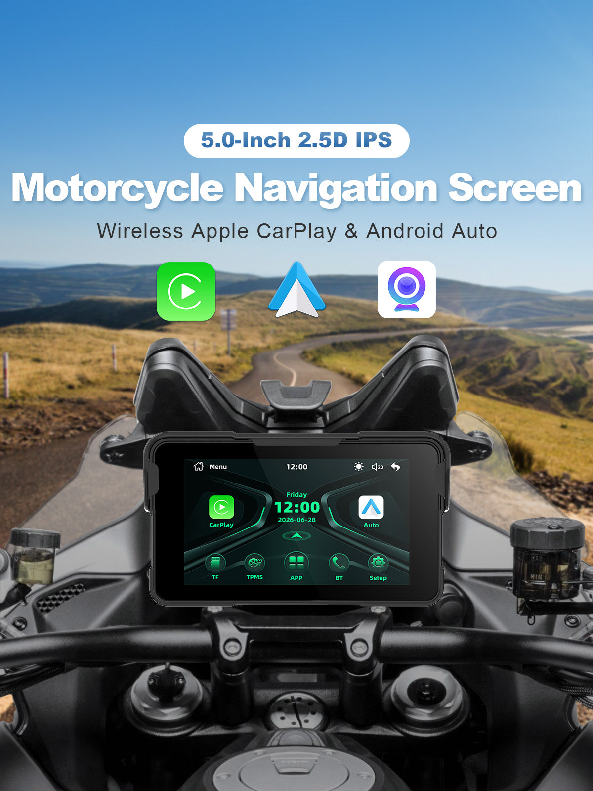 Linkifun MT11C 5-inch motorcycle navigation screen with wireless CarPlay, Android Auto, and phone mirroring for iPhone and Android devices