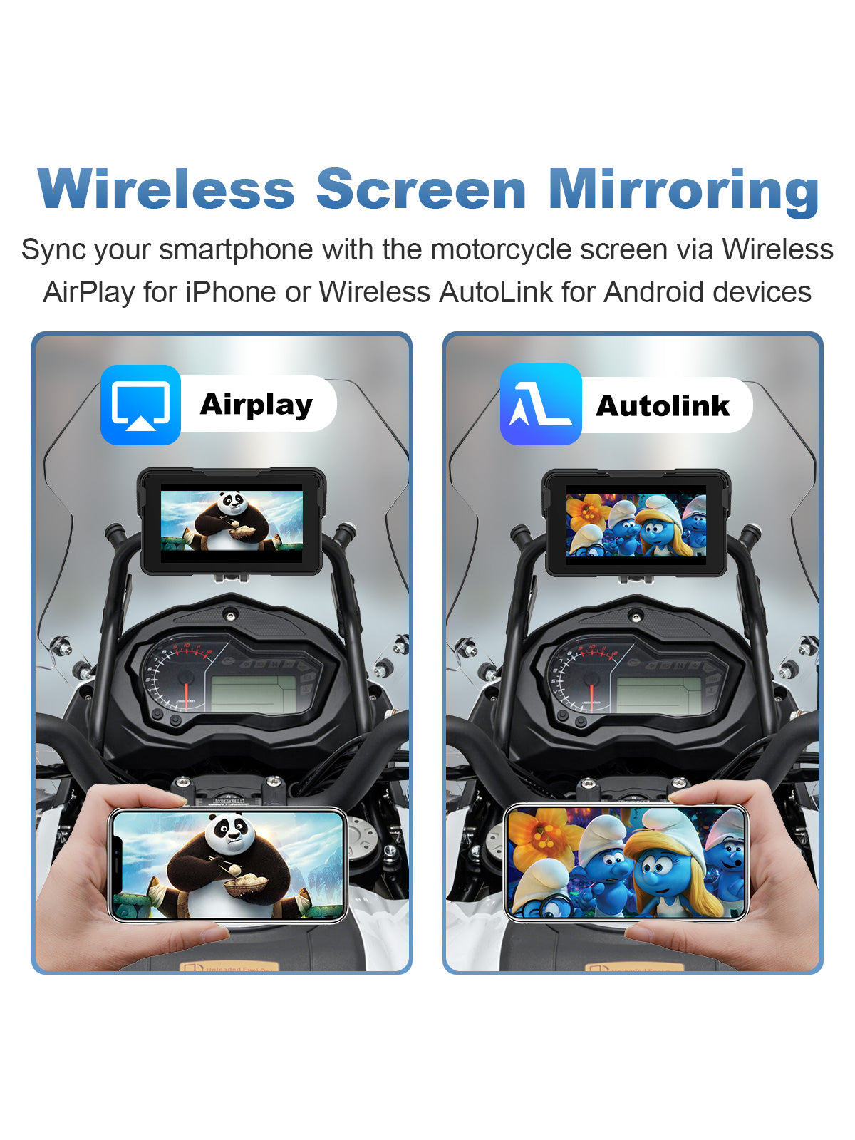 Linkifun MT11C 5-inch motorcycle navigation screen with wireless phone mirroring for compatible iPhone and Android devices